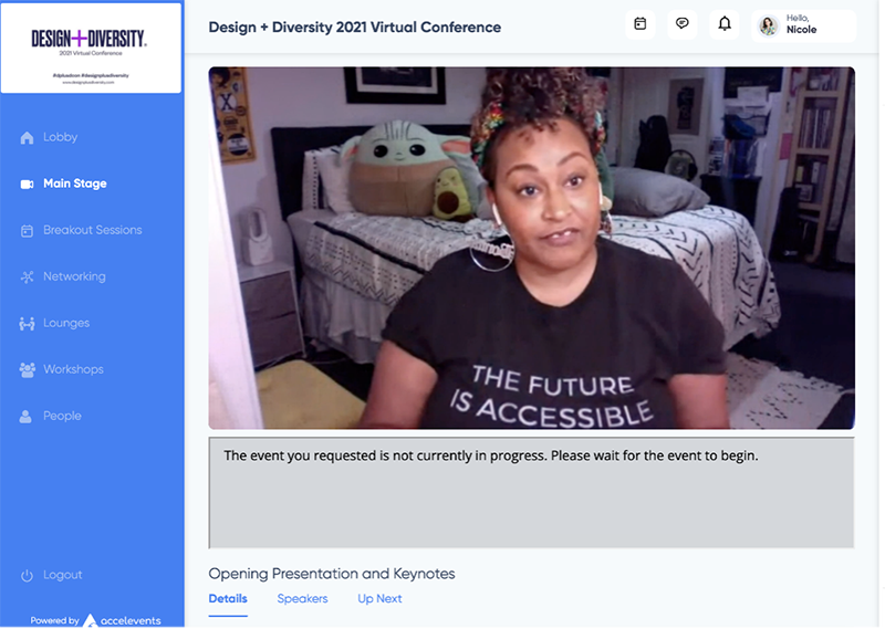 Virtual conference platform screenshot that highlights speaker Jennifer White-Johnson talking on Umbra’s panel of black womxn designers wearing a t-shirt that reads: the future is accessible.
